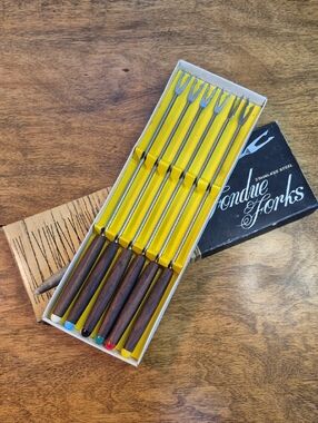 VINTAGE 1960s Mid Century Fondue Stainless Steel Fork Set, Original Box
